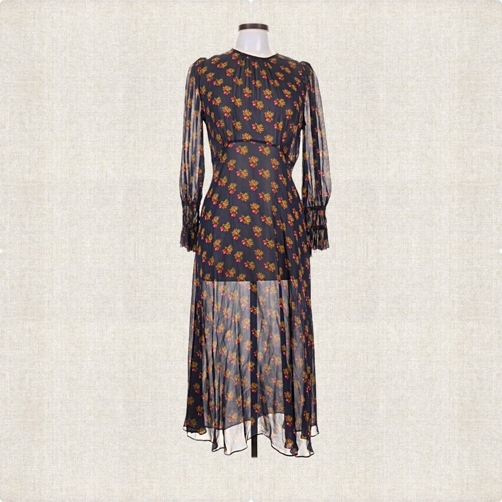 LK BENNETT Wren Blu-navy Multi Crewneck Floral-print Woven Midi Dress Sz 8 - Picture 4 of 8